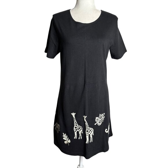 Vintage 90s Coconut Bay Black Petite Medium TShirt Dress Animal Stamped Painted - Picture 1 of 7